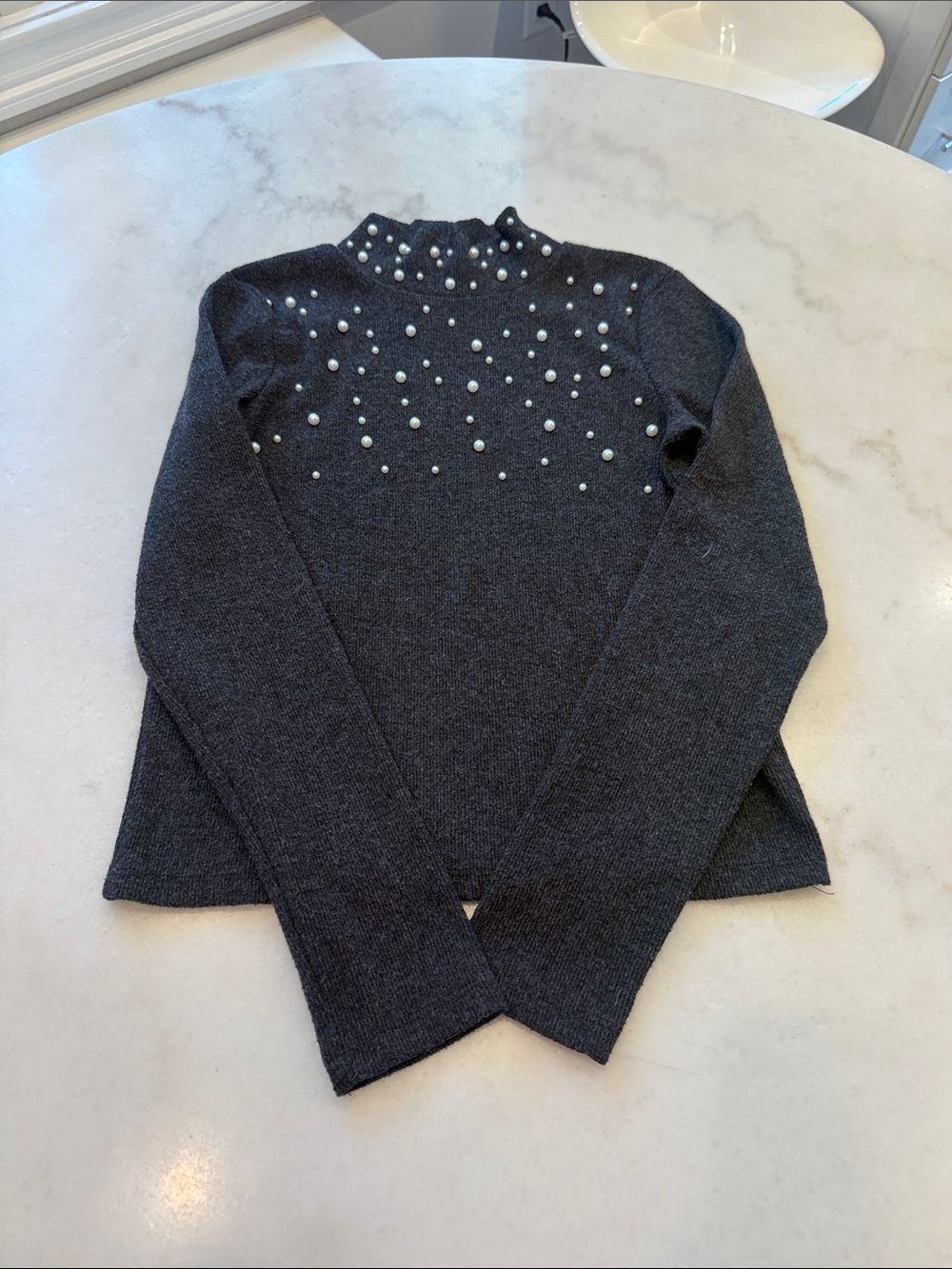 Zara charcoal fitted Pearl-Embellished Mock Neck Sweater